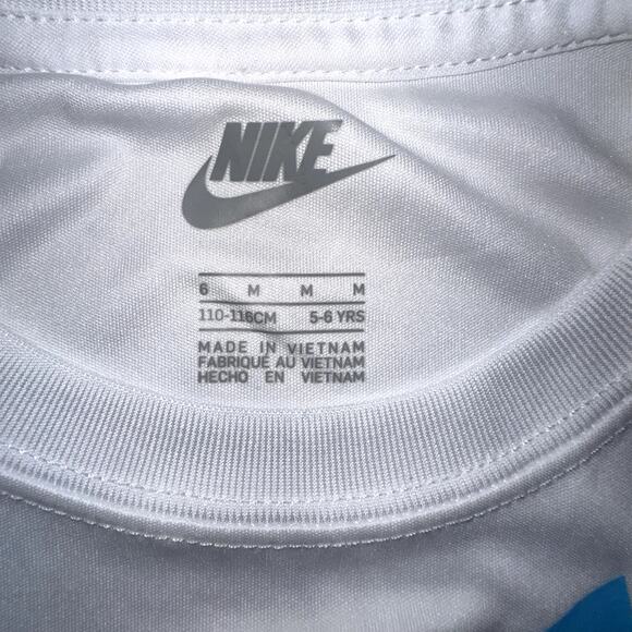 Nike Short Set Boys Size 6  White Blue Swoosh Short Sleeve Shirt Gray Shorts NWT - Picture 7 of 8